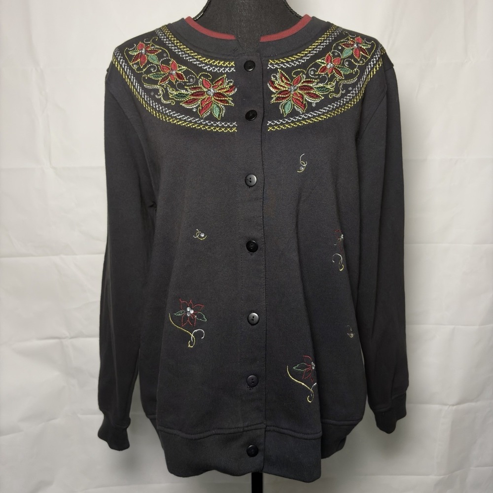 1990s Shenanigans Christmas Cardigan Womens L Black Poinsettia Embroidered